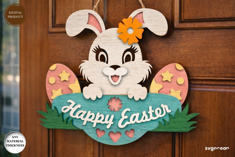 Easter Bunny Door Hanger Laser Cut | Wooden Door Sign | SVG
