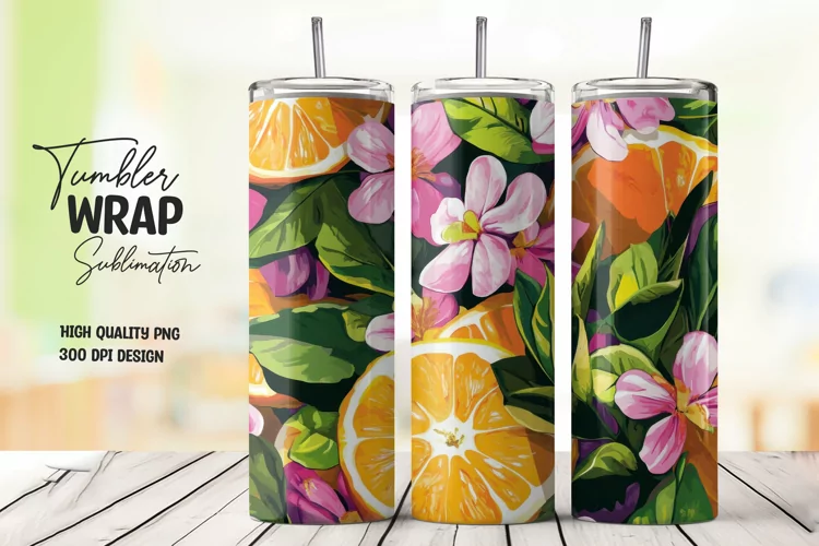 Orange with Leaves and Flowers Tumbler Wrap Sublimation