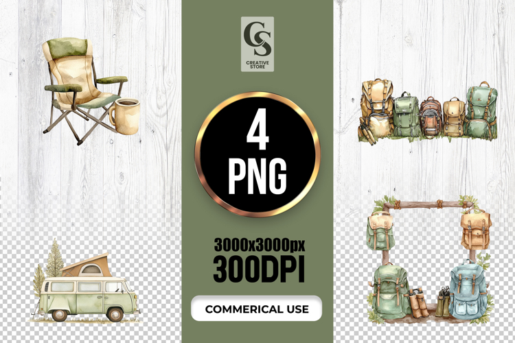 Camping Adventure Watercolor Clipart Sublimation PNG