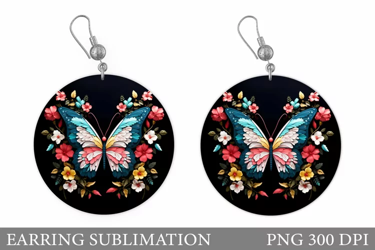 Butterfly Earring Design. Flowers Round Earring Template