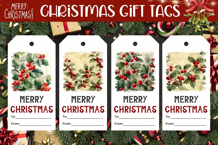 Watercolor Winter Gift Tags, Christmas Berries Gift Tags PNG