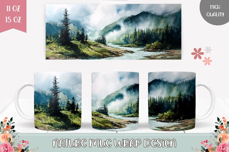 Watercolor Landscape Mug Design, Lake Mug Template