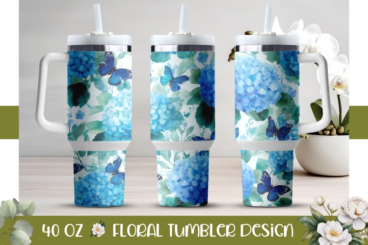 Blue Hydrangea Tumbler Wrap Design, Butterfly 40 Oz Tumbler