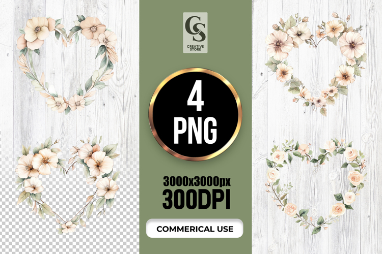 Neutral Floral Heart Wreath Clipart Sublimation PNG