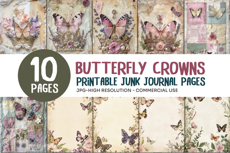Vintage Butterfly Crowns Junk Journal Pages