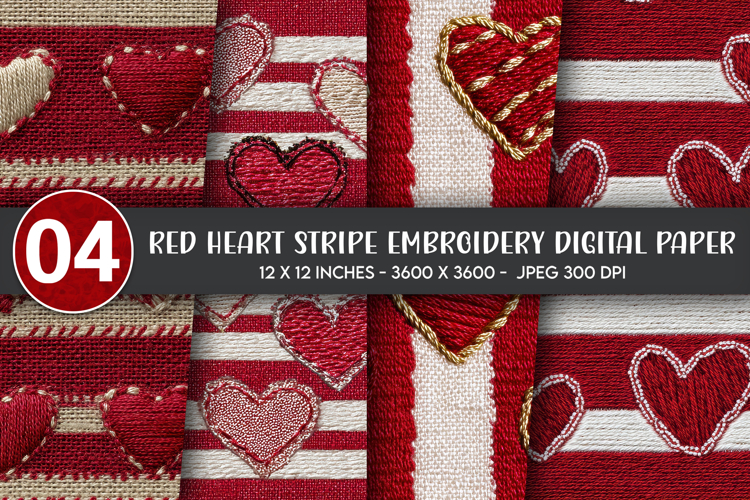 Red Heart Stripe Embroidery Digital Paper