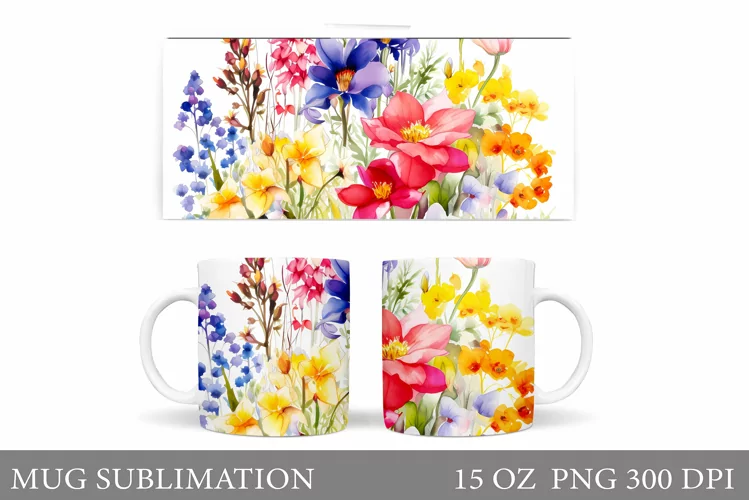 Wildflowers Mug Sublimation. Flowers Mug Wrap Design