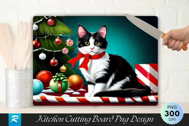 Festive Calico Cat with Candy Cane Cutting Board Sublimation