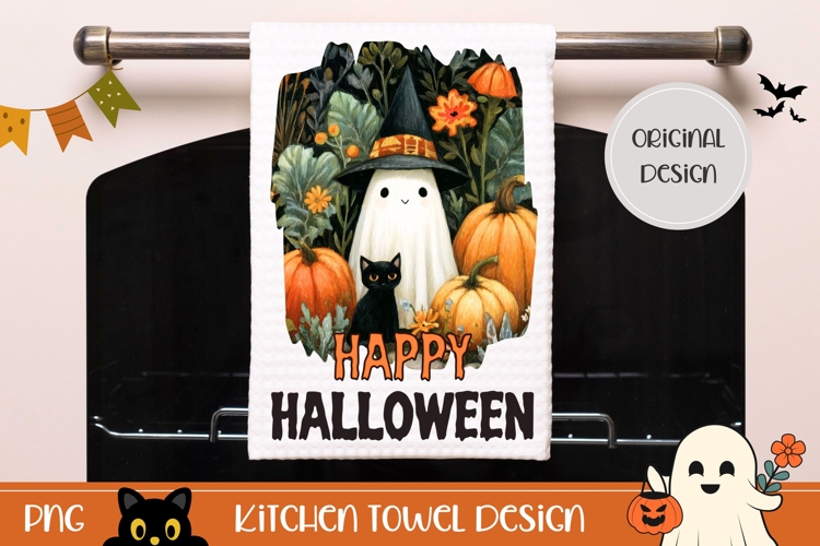 Happy Halloween Ghost Towel, Halloween Black Cat Towel
