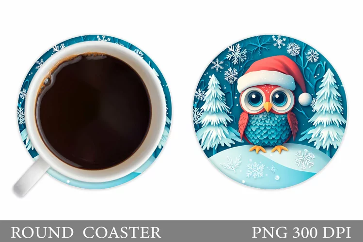 Christmas Owl Coaster Sublimation. Christmas Coaster Design