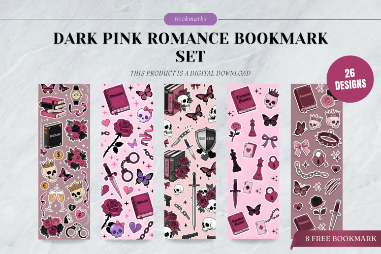 Dark Romance Bookmark Set,Gothic Pink Roses   Skulls Book