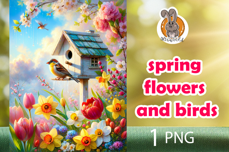 spring flowers, bird, birdhouse