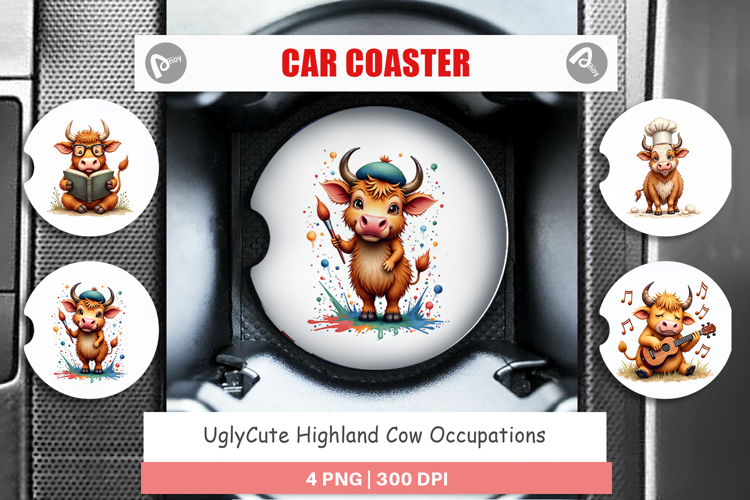 Highland Cow Occupations Car Coaster