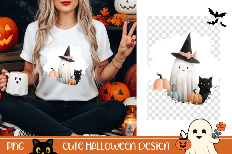 Halloween Ghost PNG, Cute Halloween Black Cat T-Shirt