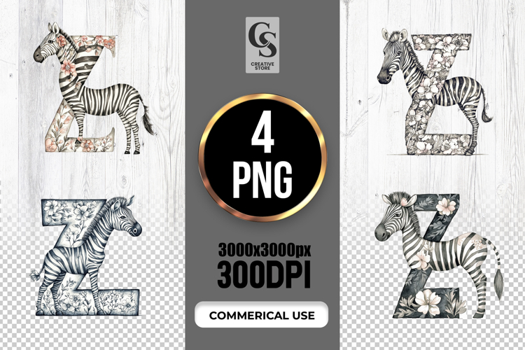 Z Zebra Floral Alphabet Letter Clipart Sublimation PNG