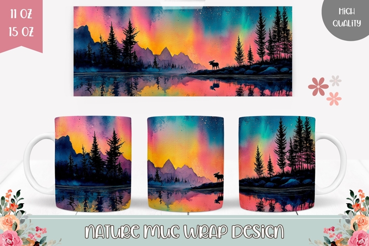 Watercolor Lake Mug Wrap Design, Night Forest Mug Design
