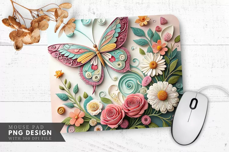 Butterfly Blossom Quilling Art Mouse Pad PNG Design