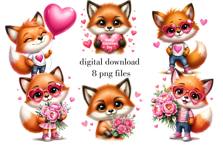 Foxes Valentines Day Png, Cute Foxes with Pink Hearts