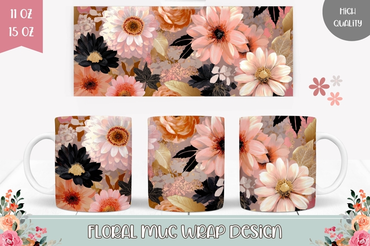 Boho Flowers Mug Wrap Design, Floral Mug Sublimation