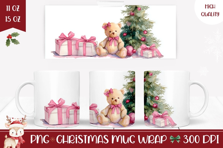 Cartoon Christmas Teddy Bear Mug, Pink Christmas Mug Design