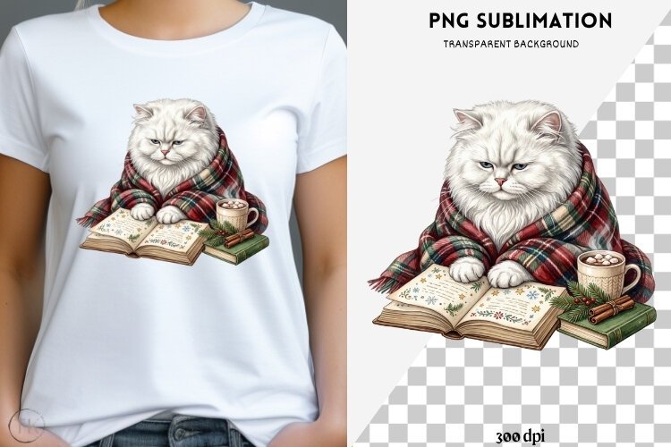 Christmas bookish cat png design for T-shirts example image 1