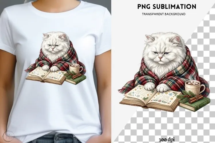 Christmas bookish cat png design for T-shirts