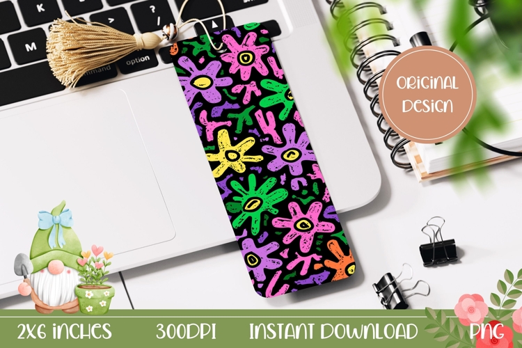 Neon Flowers Bookmark, Cartoon Flowers Sublimation
