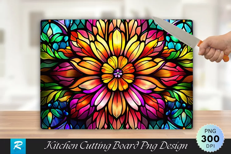 Colorful Stained Glass Flowers Cutting Board PNG Design