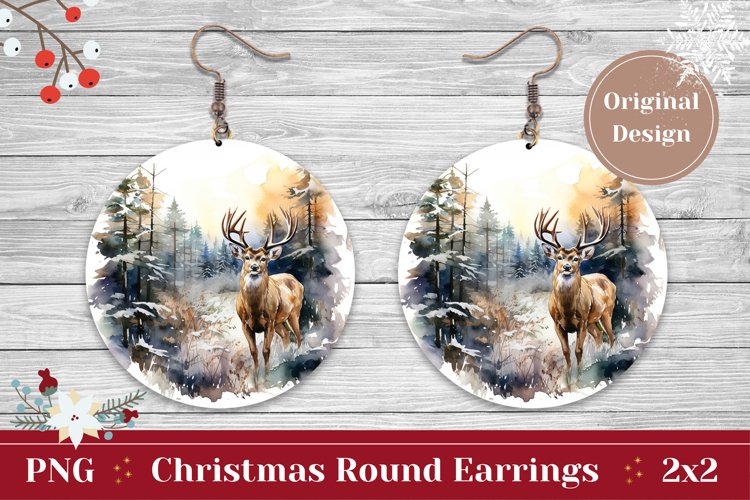 Christmas Round Earring, Watercolor Winter Deer Sublimation