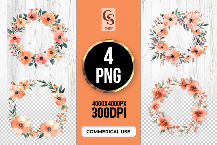 Peach Floral Wreath Clipart Sublimation PNG example image 1
