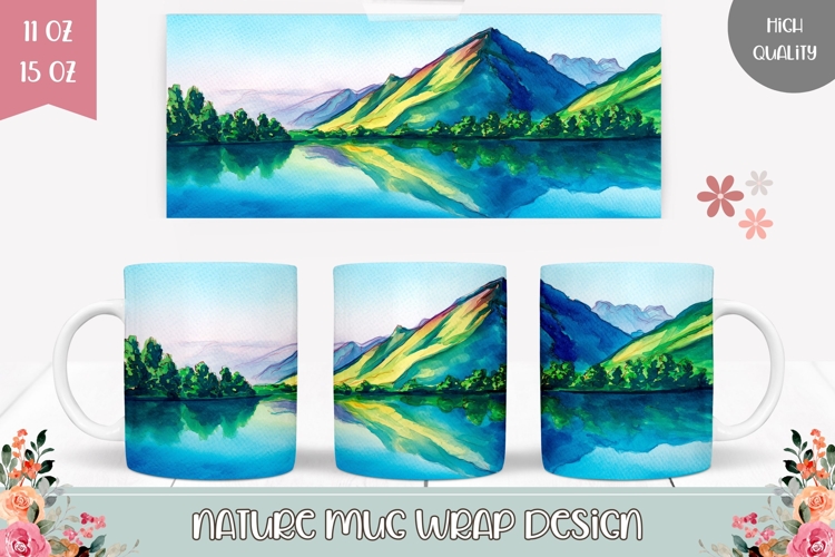 Lake Mug Wrap Design, Mountain Mug Template