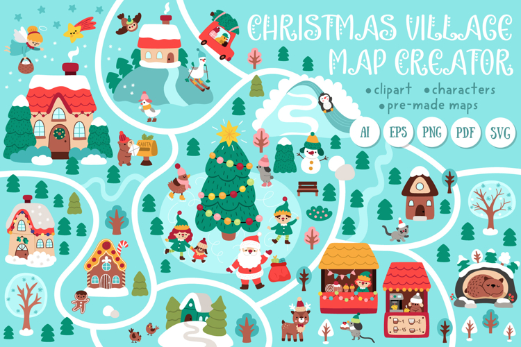 Christmas village map creator. Winter clipart and scenes kit