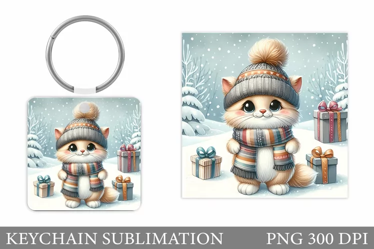 Christmas Cat Keychain. Christmas Keychain Sublimation