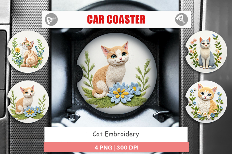 Car Coaster Cat Embroidery