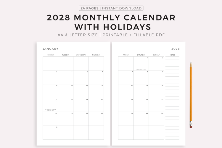 2028 Monthly Calendar with Holidays on 2 Pages, Printable example image 1