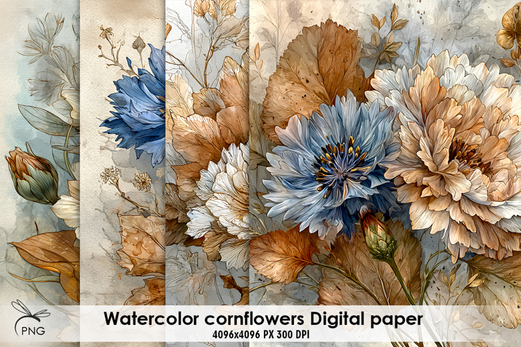 Watercolor cornflowers digital paper, background clipart