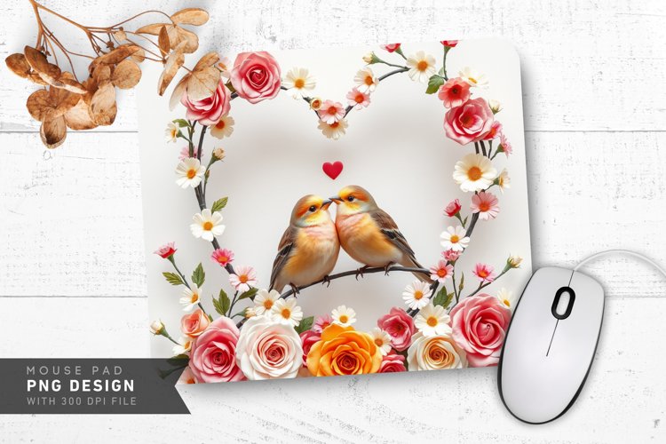 Floral Heart Lovebirds Mouse Pad PNG Design example image 1