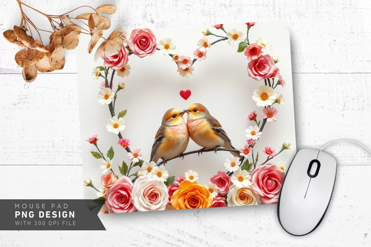 Floral Heart Lovebirds Mouse Pad PNG Design
