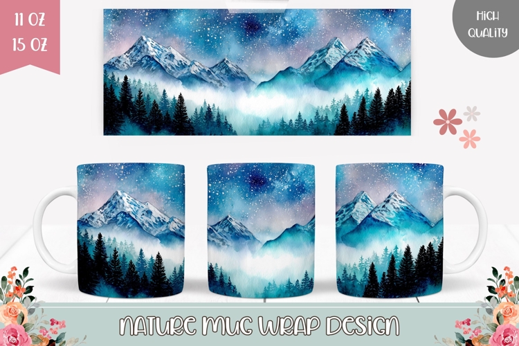 Watercolor Night Sky Mug Sublimation, Forest Mug Template
