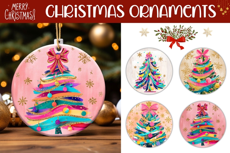 Pink Christmas Tree Round Ornaments, Winter Gift Tags