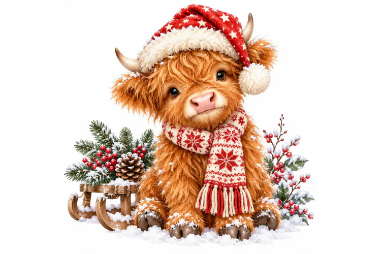 Christmas Highland Cow PNG, Watercolor Holiday Clipart