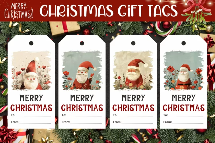 Watercolor Santa Claus Gift Tags, Christmas Product Tag PNG