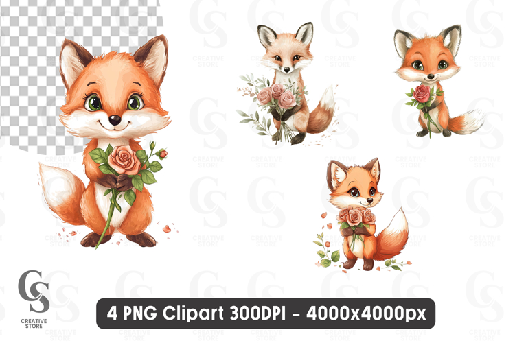 Watercolor Fox Clipart with Roses PNG