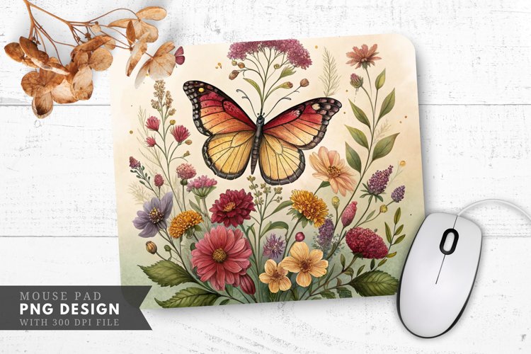 Butterfly and Floral Pressed Flower Mouse Pad PNG Design example image 1