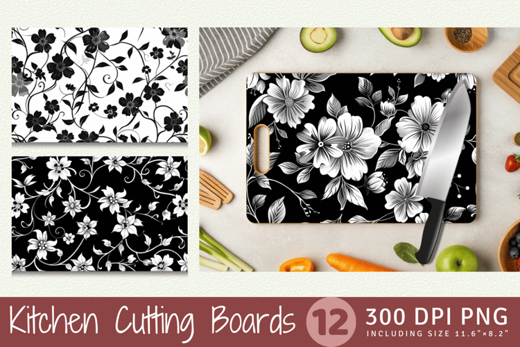 Black & White Floral Cutting Boards sublimation Design