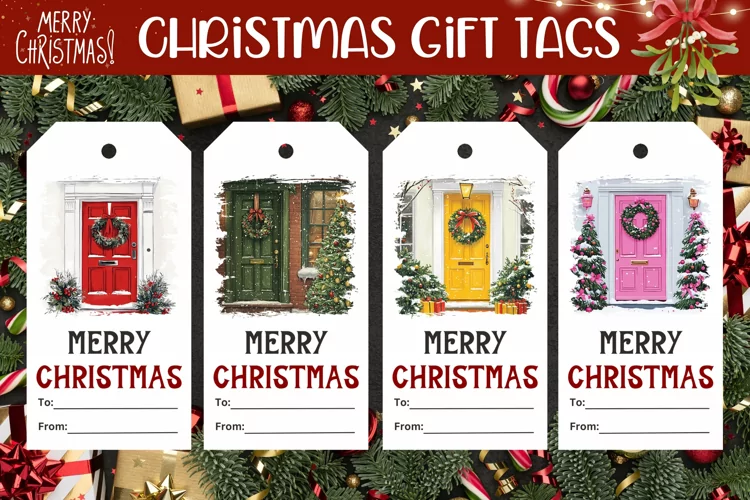 Watercolor Christmas Door Gift Tags, Winter Gift Tag PNG