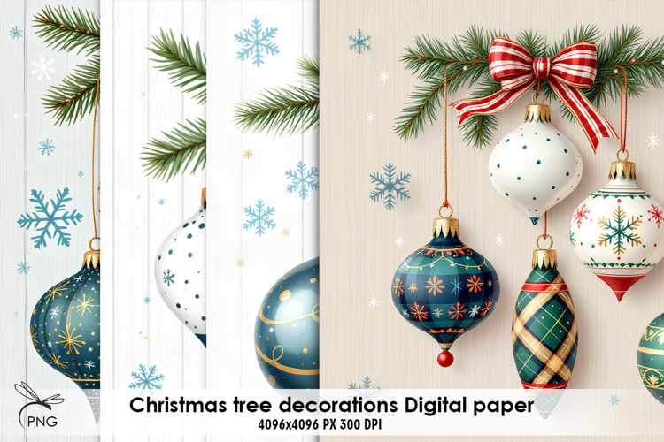 Christmas tree decorations digital paper, background clipart
