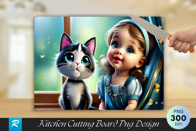 Cute Girl With Cat Cutting Board Sublimation Design