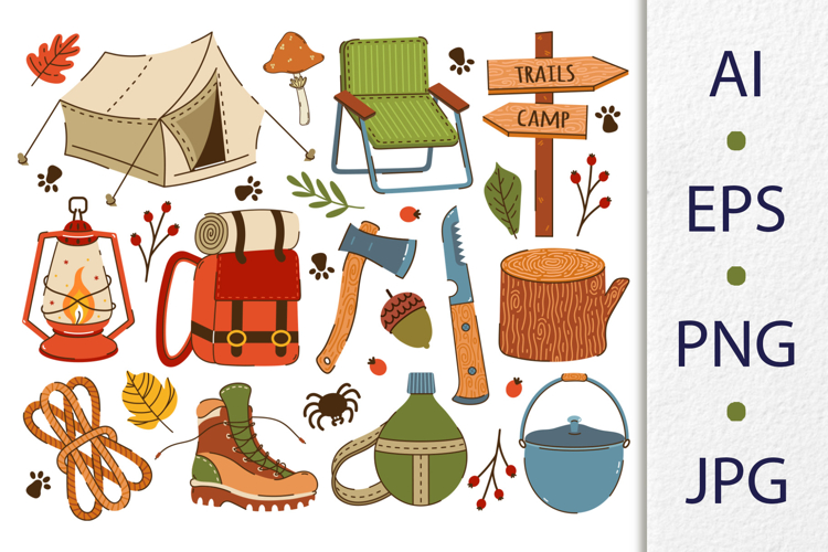 Camping in the wild, hiking vector set