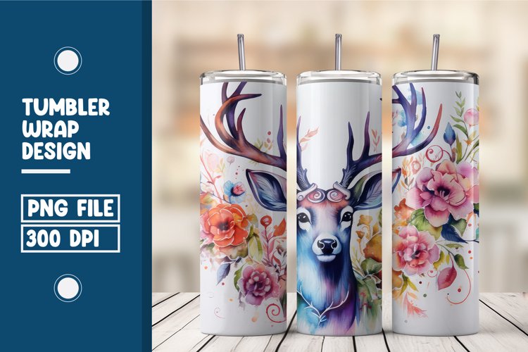 Deer Surrounded By Flowers Watercolor Tumbler Warp Design